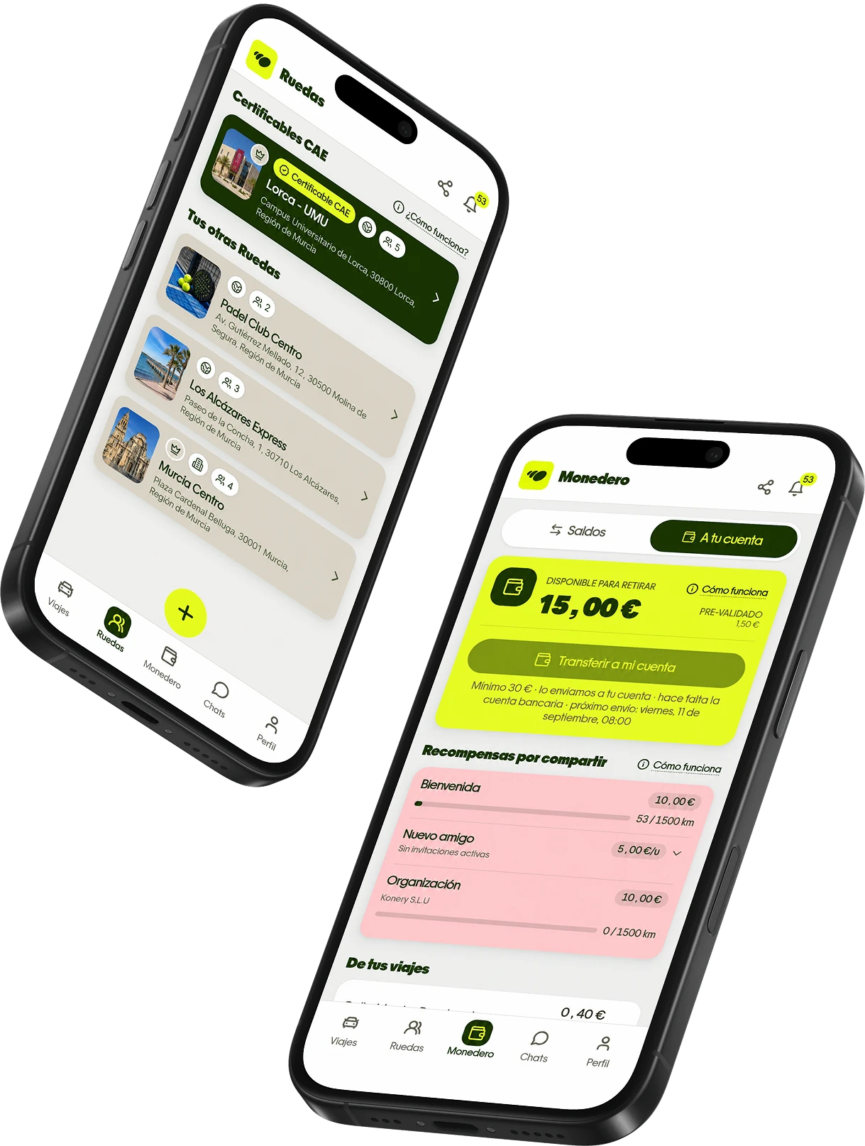 La app LA RUEDA mostrando las ruedas de la plantilla y el monedero de incentivos CAE