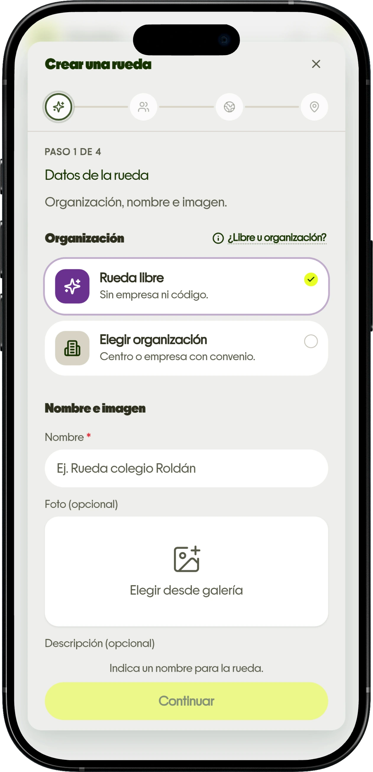 Pantalla de La Rueda para crear una Rueda