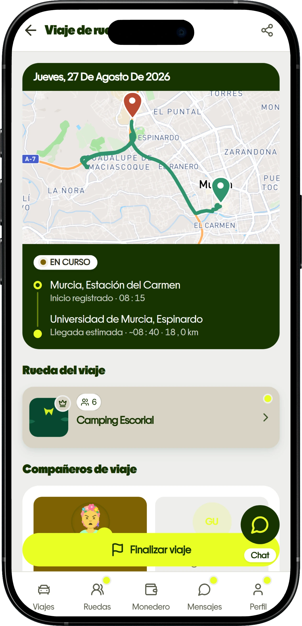 Pantalla de La Rueda para publicar o unirse a un viaje