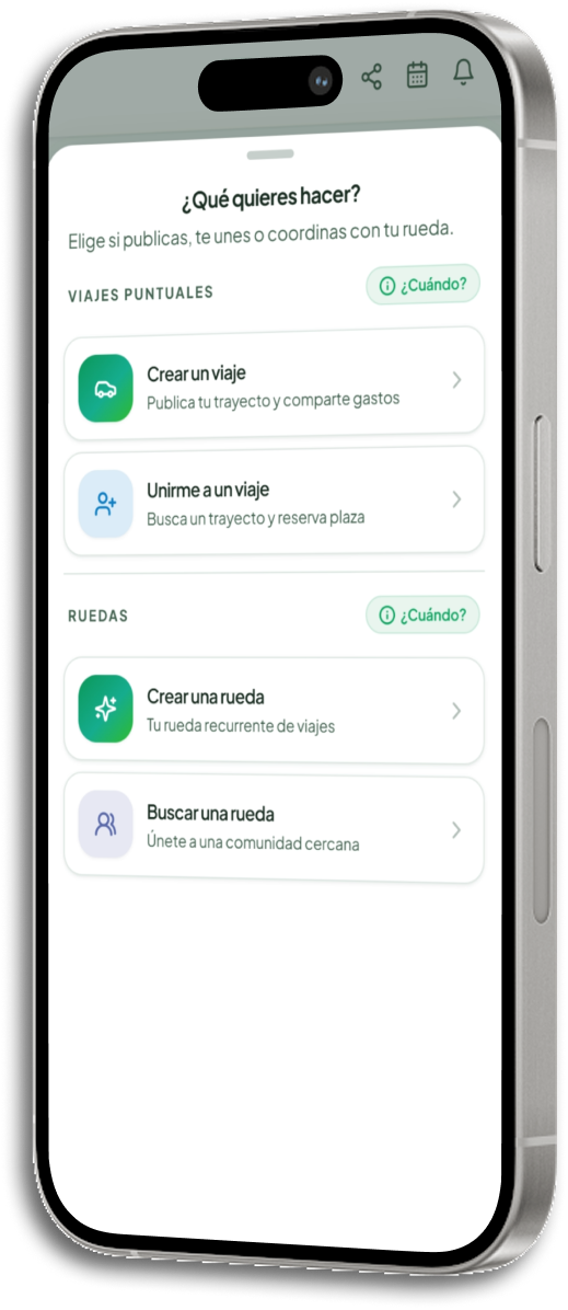 Pantallas de la app LA RUEDA para publicar y encontrar trayectos